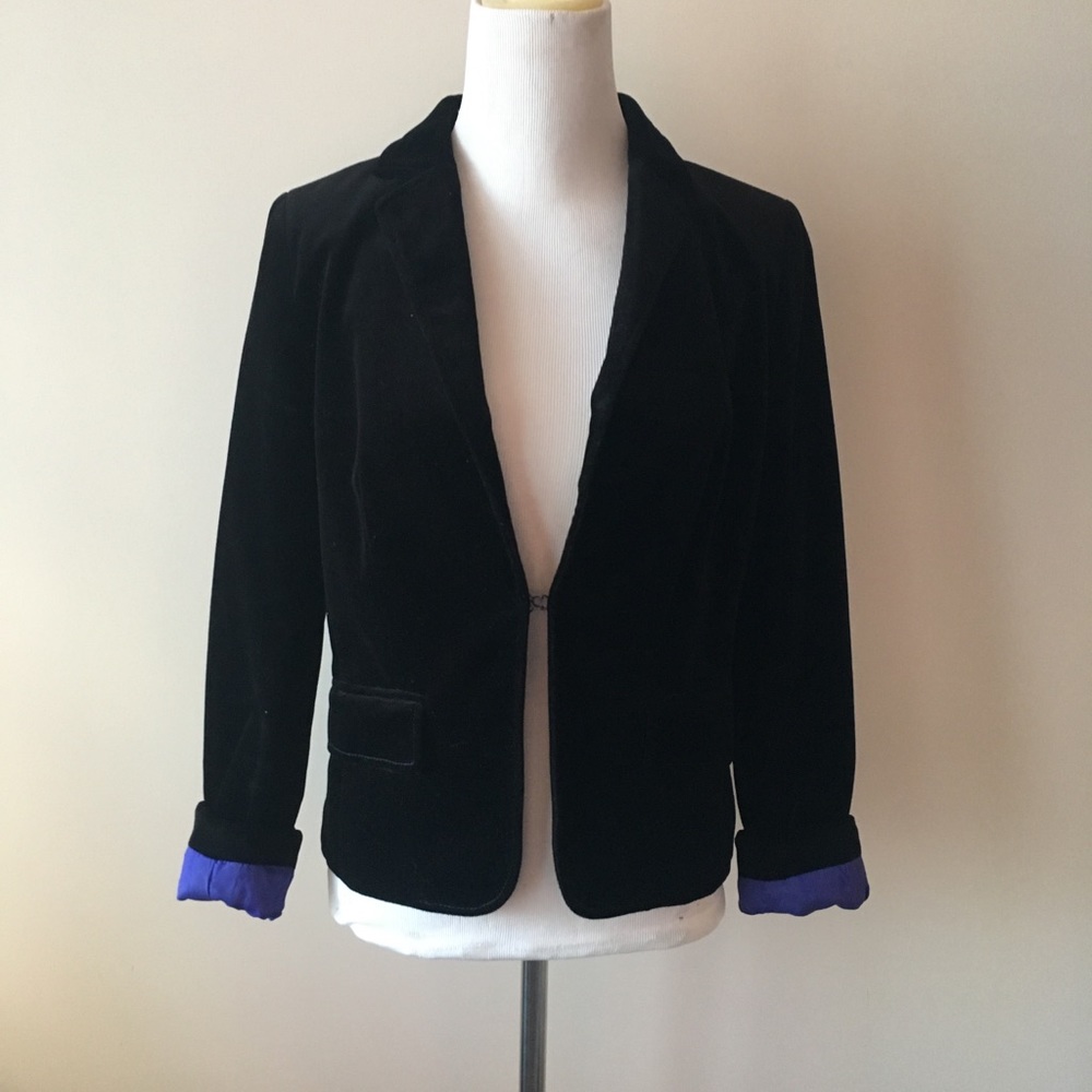 J. Crew black Velvet Jacket W/ Purple Lining
